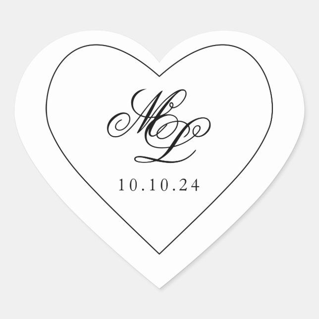 Sticker Cœur Élégant Monogramme noir et blanc Script (Devant)