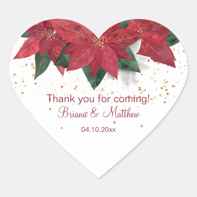 Sticker Cœur Elégant Poinsettia Rouge Noel Mariage Faveurs (Devant)