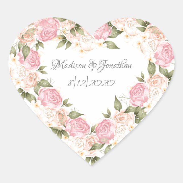 Sticker Cœur Elégant rose floral aquarelle Customisée Mariage (Devant)