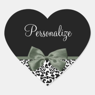 Sticker Cœur Élégant ruban vert foncé Empreinte de léopard avec