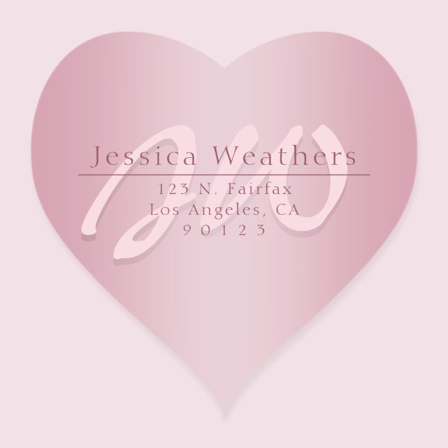 Sticker Cœur Élégant Script Monogram Mauve Ombre Adresse de ret (Créateur téléchargé)