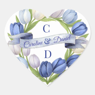 Sticker Cœur Elégante aquarelle Tulipe Mariage de couronne bleu