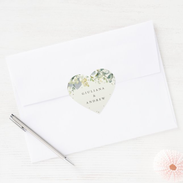 Sticker Cœur Elégante crème Snowberry+Eucalyptus Wreath Mariage (Enveloppe)