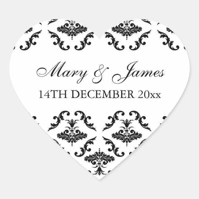 Sticker Cœur Elégante Date de mariage Noir Damas (Devant)