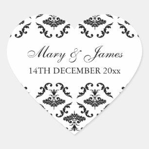 Sticker Cœur Elégante Date de mariage Noir Damas