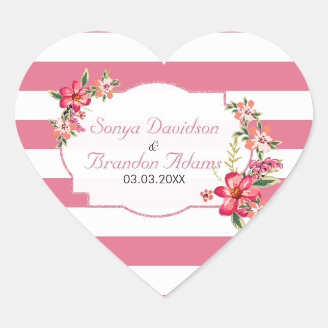 Sticker Cœur Élégantes Tailles Et Fleurs Roses Et Blanches (Devant)