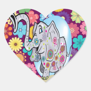 Sticker Cœur Eléphant hippie mignon avec fleurs colorées