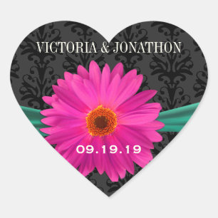 Sticker Cœur Emerald Green et rose Gerber Daisy Mariage