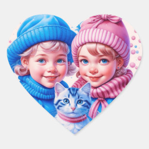 Sticker Cœur Enfants vintages avec Kittens bleu et rose Noël