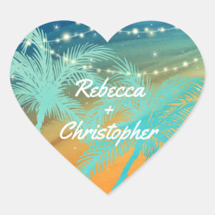 Sticker Cœur Enveloppe de mariage de plage   Turquoise bleu ora