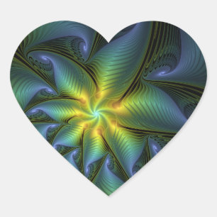 Sticker Cœur Étoile abstraite, art fractal doré bleu vert brill