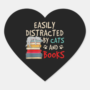 Sticker Cœur Facilement distrait par les chats et les livres