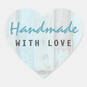 Sticker Cœur Fait À La Main Avec Amour Rustique Turquoise Bois 