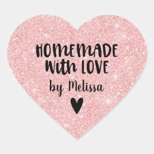 Sticker Cœur Fait Maison Avec Amour Paillettes Roses