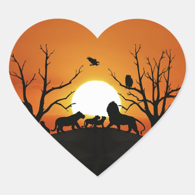 Sticker Cœur Famille de lions au coucher du soleil Afrique (Devant)