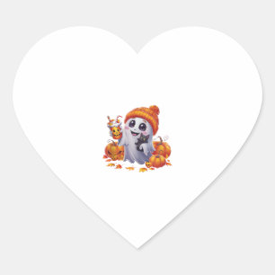 Sticker Cœur Fantôme mignon avec chaton et Halloween Citrouille