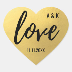 Sticker Cœur Faux Gold Foil LOVE Script Mariage noir