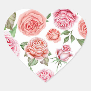 Sticker Cœur Faveur de fête aux roses roses corail et feuilles 