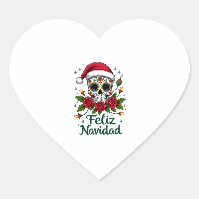 Sticker Cœur Feliz Navidad Sugar Skull Mexican Christmas T-Shir (Devant)