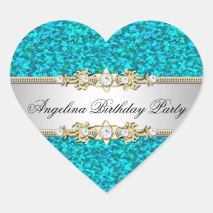 Sticker Cœur Fête d'anniversaire turquoise pailleté or bijou di