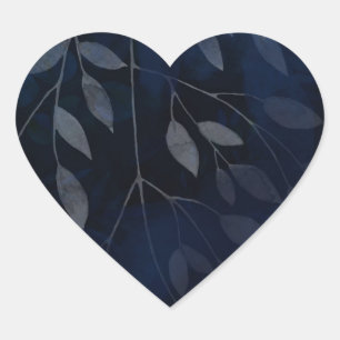 Sticker Cœur Feuilles Botaniques Bleu Foncé Mariage Moderne Chi