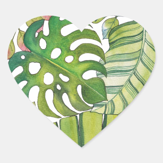 Sticker Cœur Feuilles Tropicaux En Aquarelle (Devant)