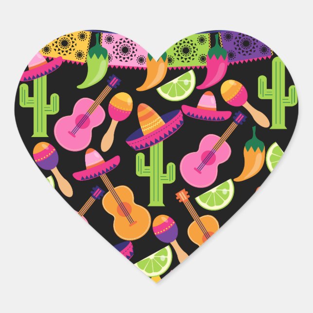 Sticker Cœur Fiesta Party Sombrero Cactus Lims Peppers Maracas (Devant)