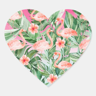 Sticker Cœur Flamant rose tropical Hibiscus Mint rose Floral