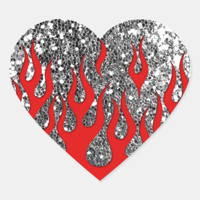 Sticker Cœur Flammes rouges Hot Flames sur soie Parties scintil (Devant)
