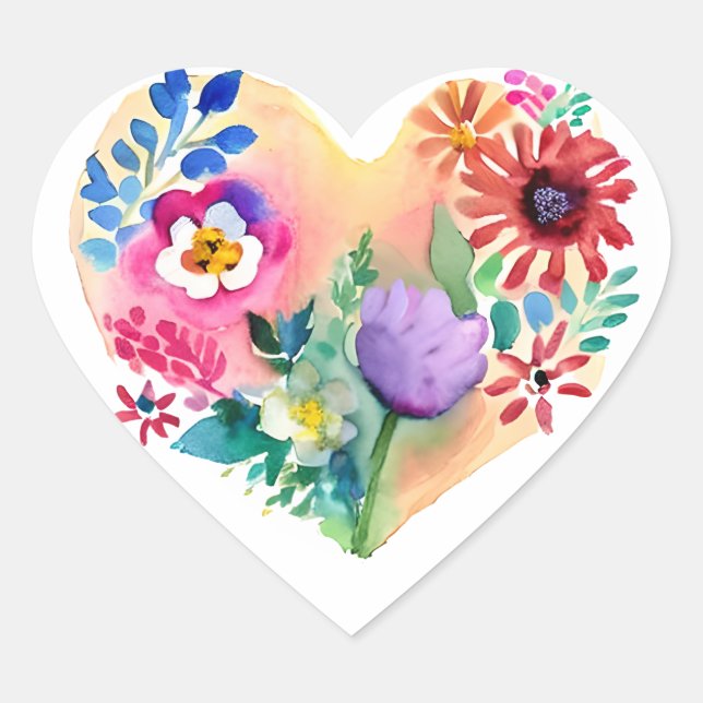 Sticker Cœur Fleur Coeur Courbe Pastel Aquarelle violet rouge (Devant)