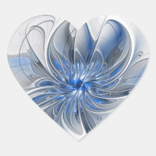 Sticker Cœur Fleur d'art fractal à l'aquarelle bleu gris abstra
