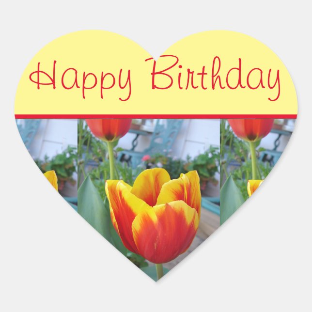 Sticker Cœur Fleur Tulip Rouge Fleuri Jaune Joyeux anniversaire (Devant)