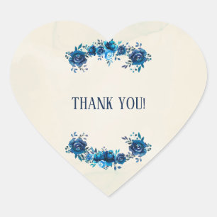 Sticker Cœur Fleurs aquarelles bleues indigo et beige Mariage