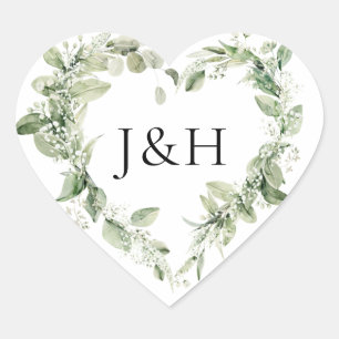 Sticker Cœur Fleurs blanches vertes et Mariage de monogramme ve