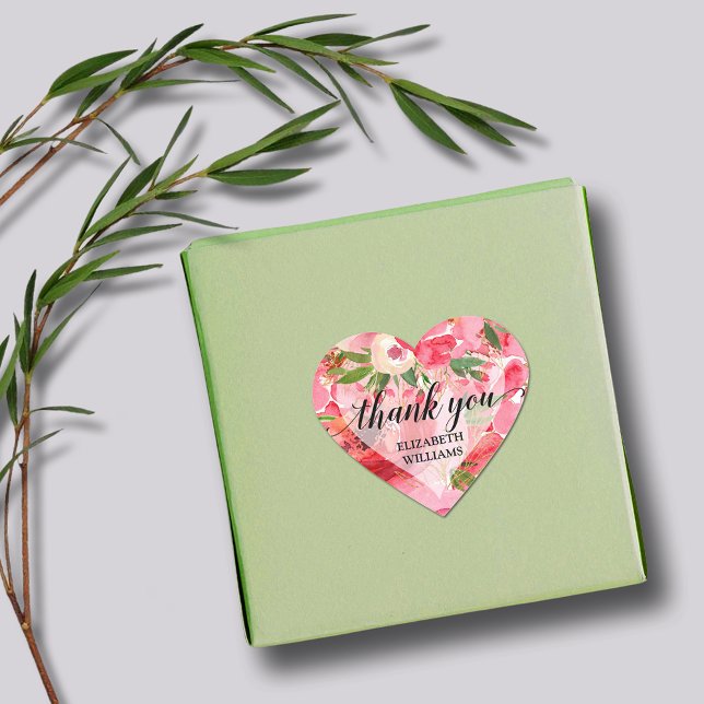 Sticker Cœur Fleurs de Paeonie Merci (1-1/2" heart stickers with your name and Thank You on pink and cream peony flowers)