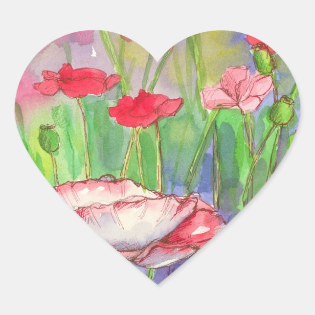 Sticker Cœur Fleurs de pavot à aquarelle rouge (Devant)