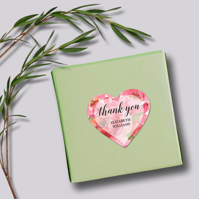 Sticker Cœur Fleurs de Pivoine Merci (1-1/2" heart stickers with your name and Thank You on pink and cream peony flowers)