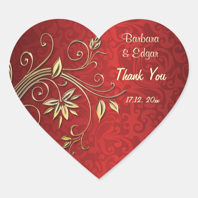 Sticker Cœur Fleurs d'or sur Merci de mariage damassé rouge (Devant)