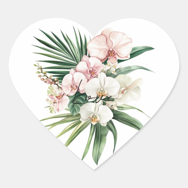 Sticker Cœur Fleurs d'orchidées tropicales roses (Devant)