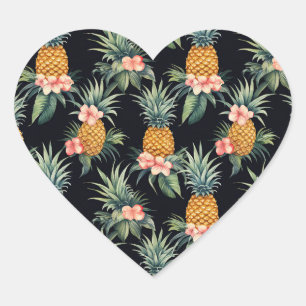 Sticker Cœur Fleurs et ananas noirs de couleur rose tropicale