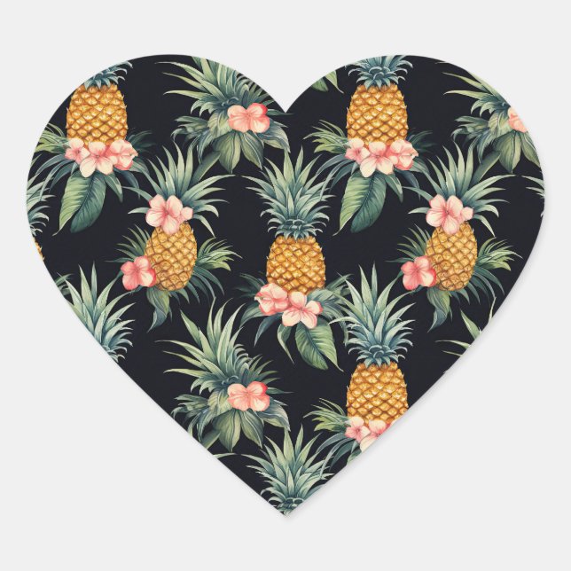 Sticker Cœur Fleurs et ananas noirs de couleur rose tropicale (Devant)