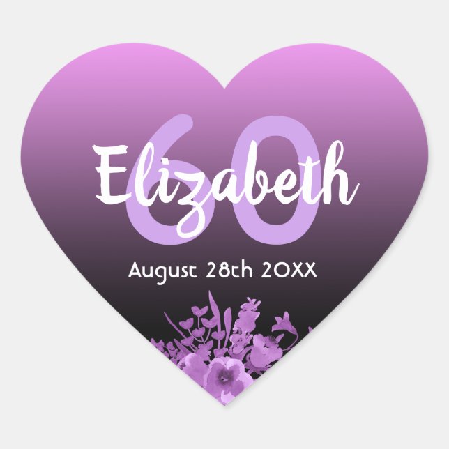 Sticker Cœur Fleurs noires violettes à 60e anniversaire (Devant)