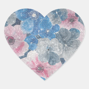 Sticker Cœur Fleurs roses bleues scintillent