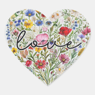 Sticker Cœur Fleurs vintages Amour Coeur Floral Fleurs sauvages