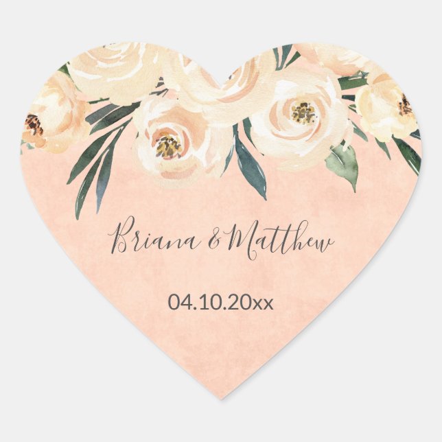 Sticker Cœur Floral Beige Blush sur mariage rose Faveurs (Devant)