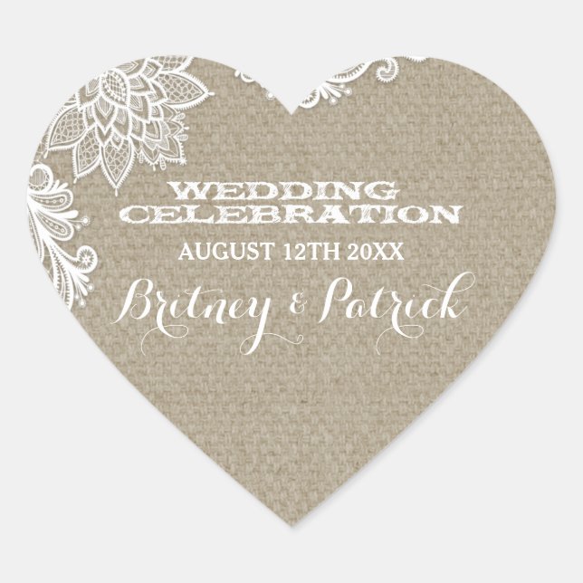 Sticker Cœur Floral Country Burlap et mariage de dentelle Faveu (Devant)