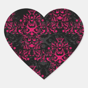 Sticker Cœur Floral Damask rose et noir sulfureux
