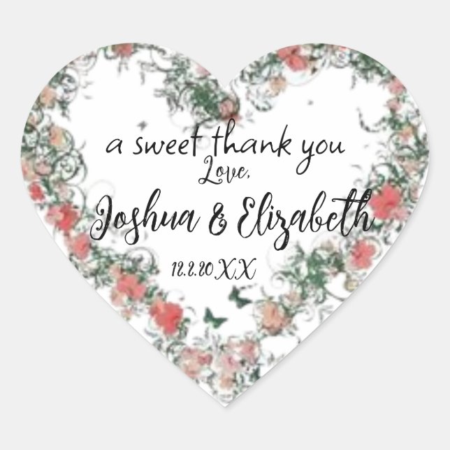Sticker Cœur Floral Romantique Mariage Merci cadeau Favoriser É (Devant)