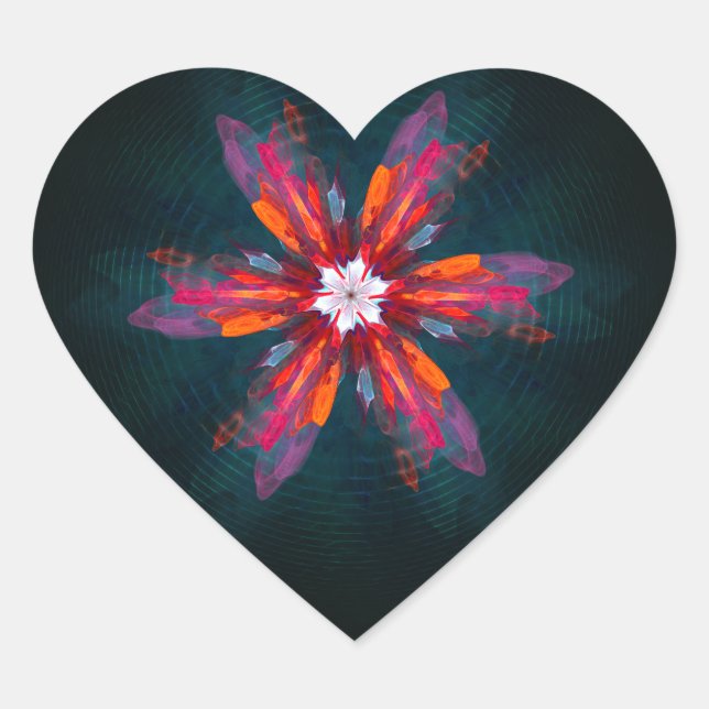Sticker Cœur Flore Mandala Flowers Orange Red Blue Abstract (Devant)