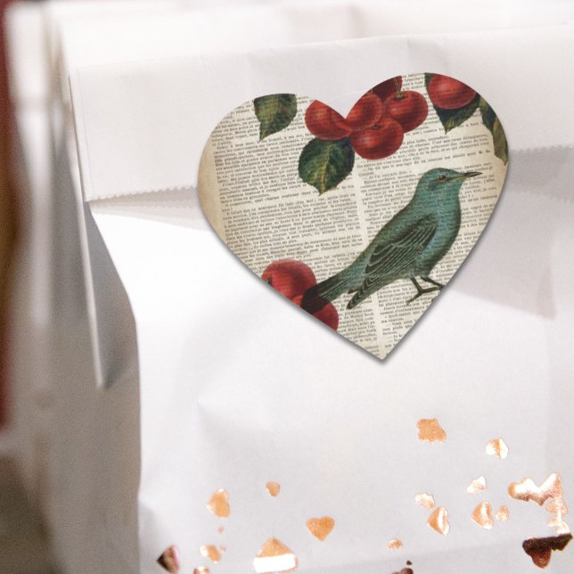 Sticker Cœur frentry bird retro botanical red cherry (french country bird retro botanical red cherry heart sticker)